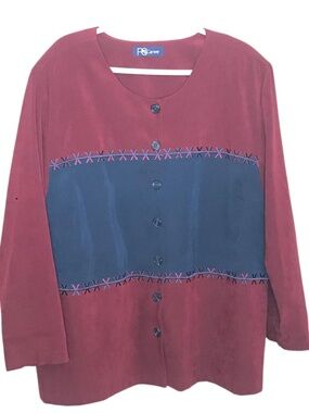 PS Career Women Blouse Burgundy Colorblock Button Front Top Size XL Vintage